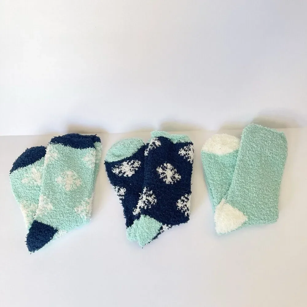 3 Pairs Women’s Fuzzy Cozy Slipper Socks Winter Warm Soft Plush Blue Size 9-11